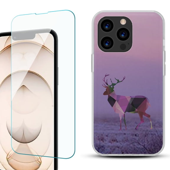 Slim-Fit Anti-Scratch Gel TPU Phone Case for iPhone 13 Pro, with Tempered Glass Screen Protector, by OneToughShield ® - Deer/Polygon