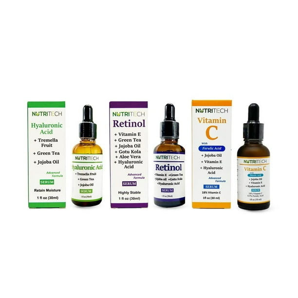 Kit de Sueros Faciales Anti Envejecimiento con Vitamina C, Ácido Hialurónico y Retinol