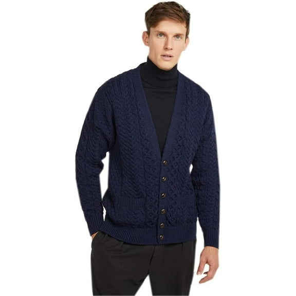 Mens Irish V Neck Sweater Cardigan Made By Aran Woollen Mills