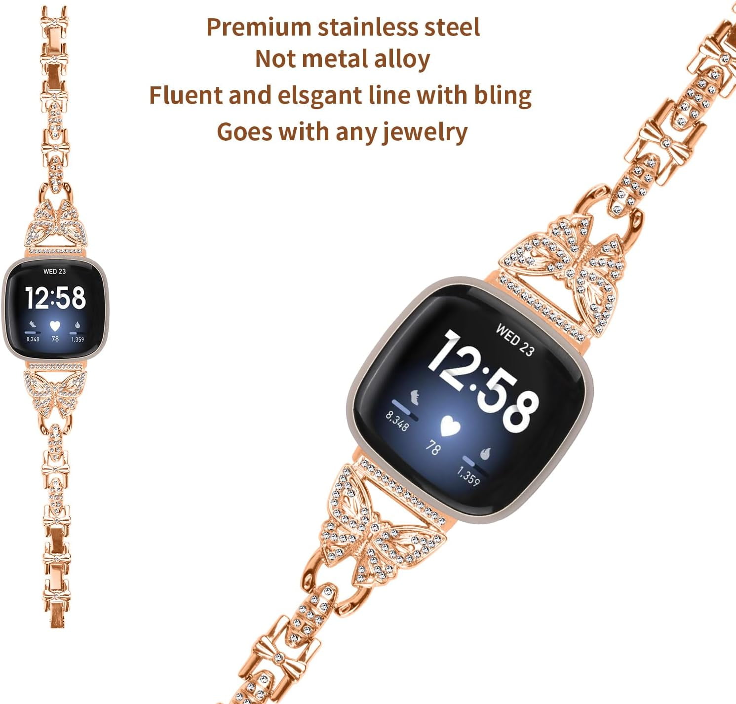 REQO Bling Bands Compatible with Fitbit Versa 4/Sense 2/Versa 3/Sense, Shinny Metal Bracelet Straps Luxurious Rhinestone Replacement Wristband for Women
