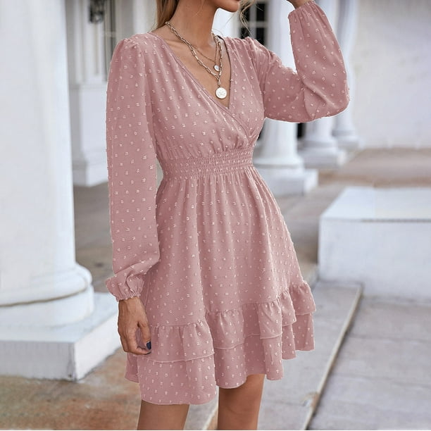 Pink Long Short Dresses Casual Outfmvch Pink Dress For Women Short Sleeve V  Neck Mini Dress Chiffon Dot Flowy Short Dress Womens Dresses Fall Dresses  Walmart Business Supplies