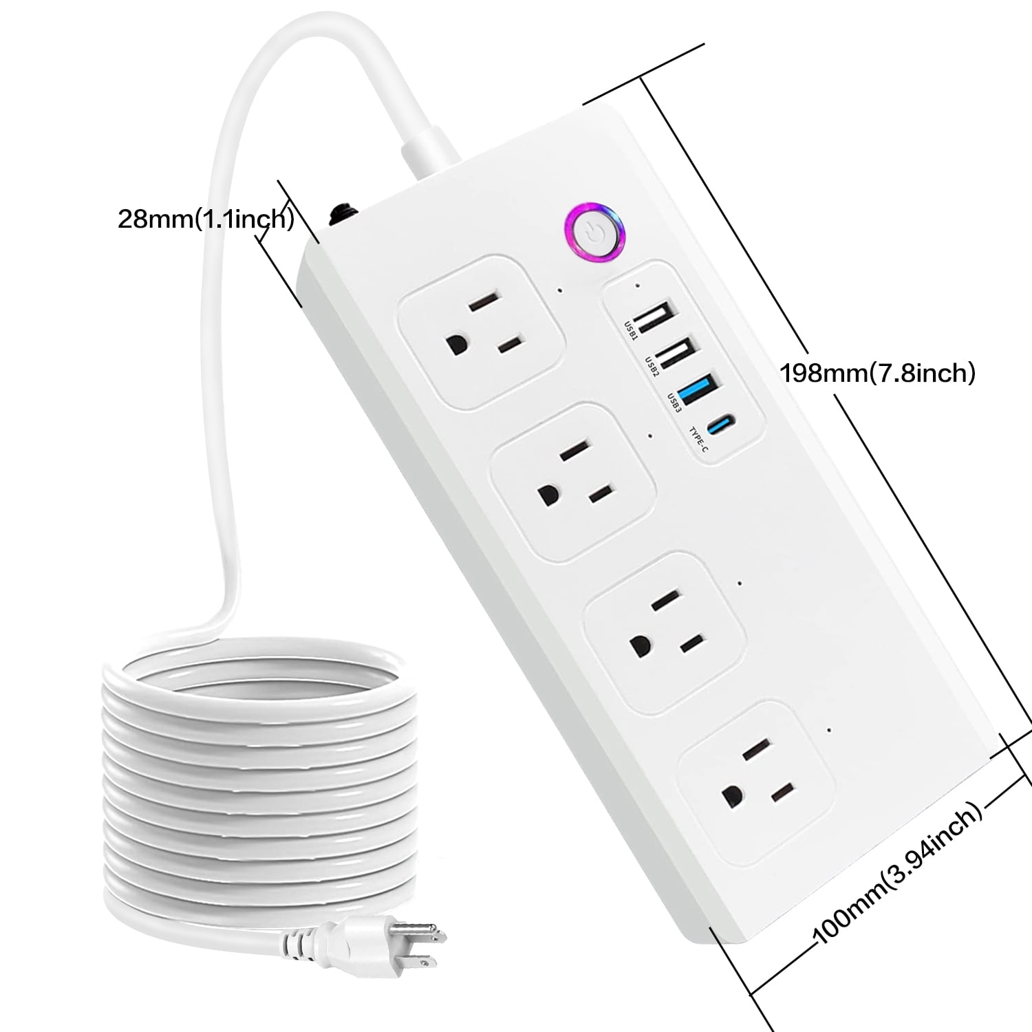 Matter 16A Smart Power Strip WiFi Plug Multiple Outlet Surge Protector 4 AC Outlets,3 USB Port,1 Type-C Port, Compatible Work with Apple Homekit,Amazon Alexa, Google Home,Only supports 2.4GHz WiFi