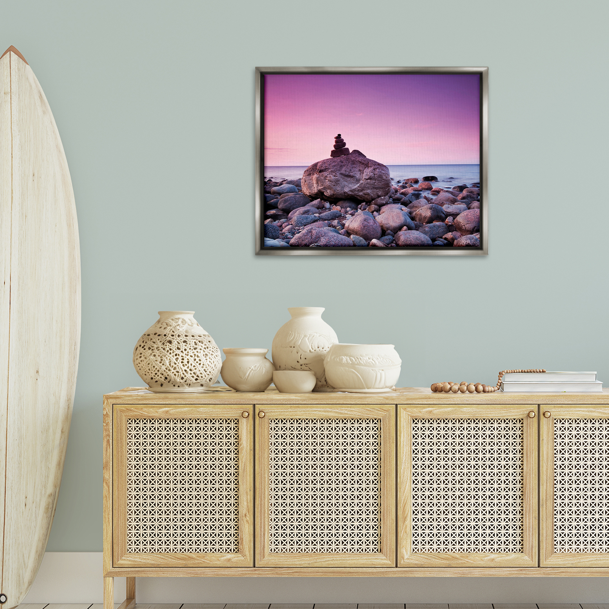 Stupell Industries Stacked Rocks on Shore Nautical & Beach Photography Gray Floater Framed Canvas Art Print Wall Art, 31 x 25