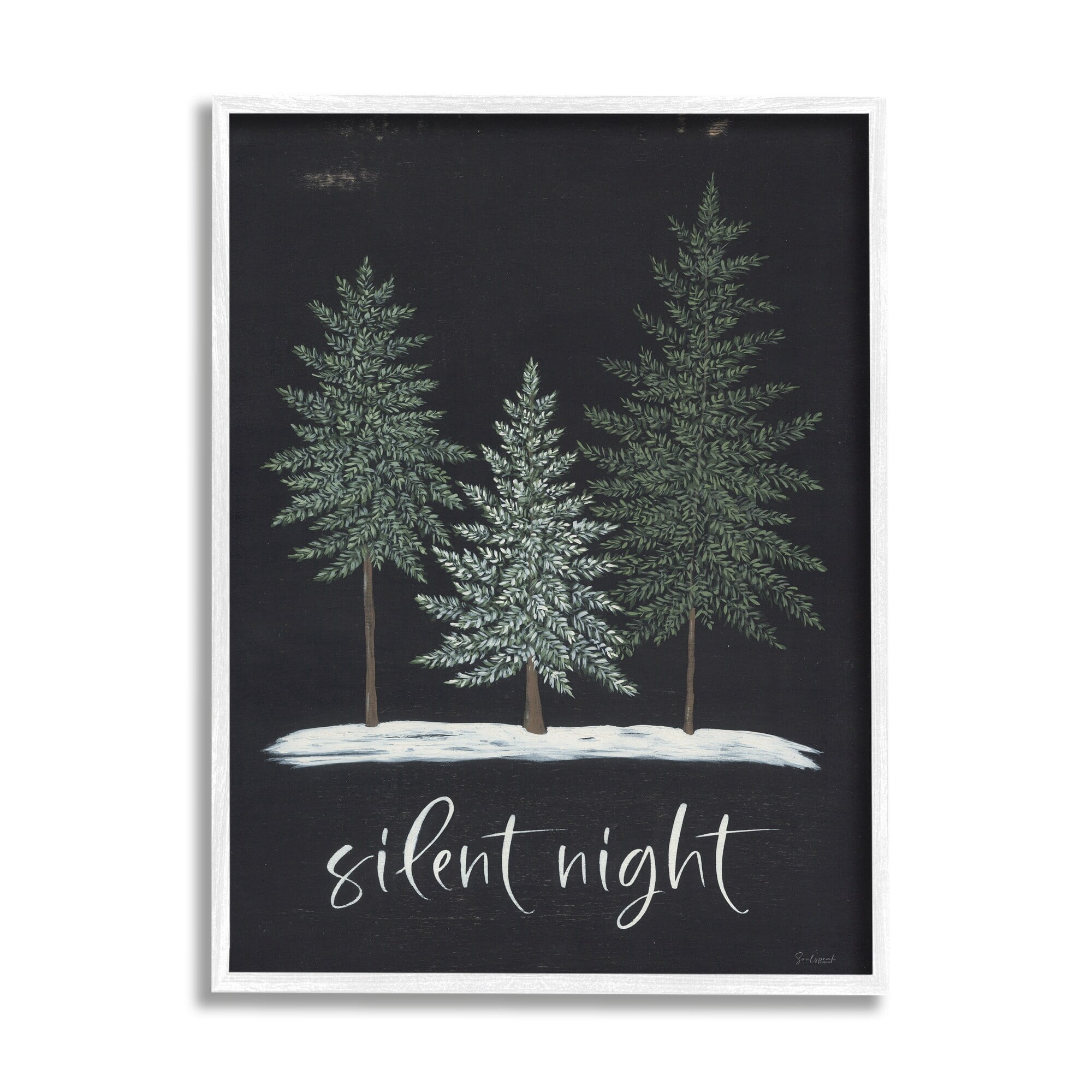 Silent Night Black Weathered Phrase Sign Fir Trees Inspirational Graphic Art Framed Art Print Wall Art