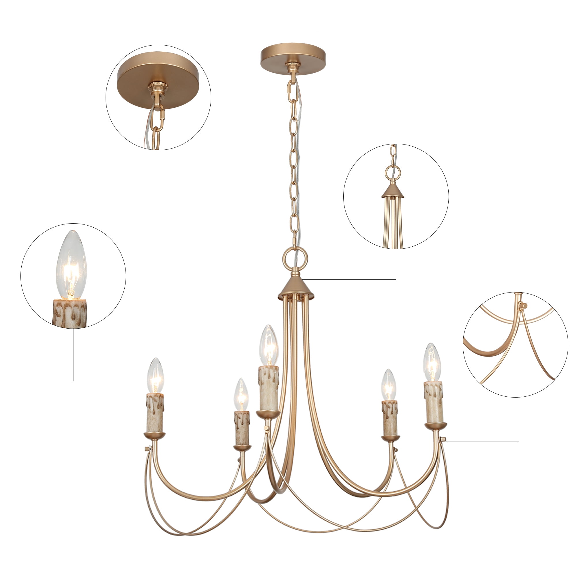 LNC 6-Light Matte Gold,Off White,Flaming Candle Linear Style