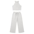 thumbnail image 4 of Women's 2 Piece Outfit Textured Crinkle Fabric Halter Sleeveless Crop Top Drawstring Wide Leg Pants Summer Vacation Casual Matching Set White, 4 of 6