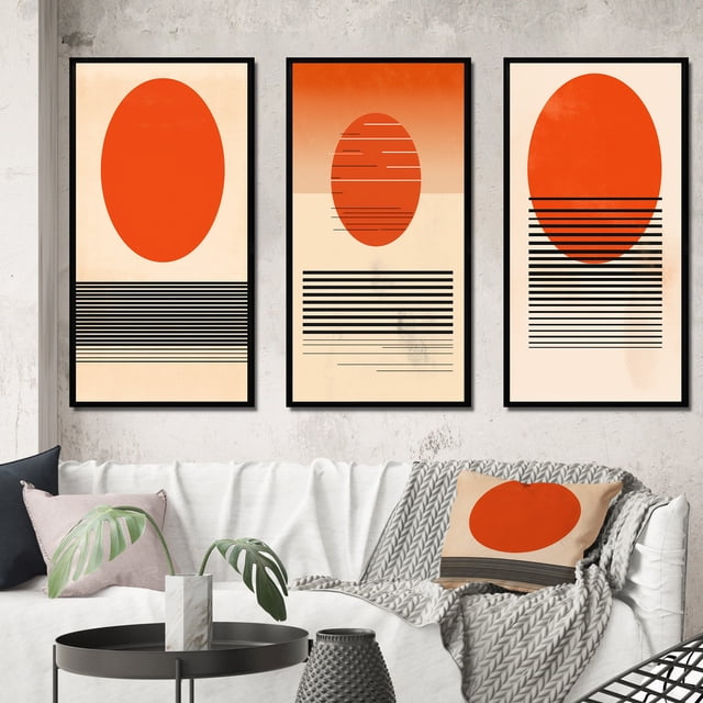 Designart "Minimalist Geometric Sunset in Bold Orange III" Modern Geometric Framed Wall Art Set Of 3 - Orange Abstract Frame Gallery Wall Set For Home Decor