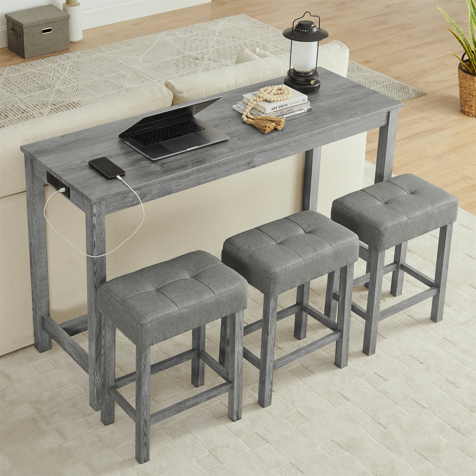 Aukfa 59" Bar Table Set with Charging Station, 4-Piece Counter Height Kitchen Island Set,3 Upholstered Stools,Gray