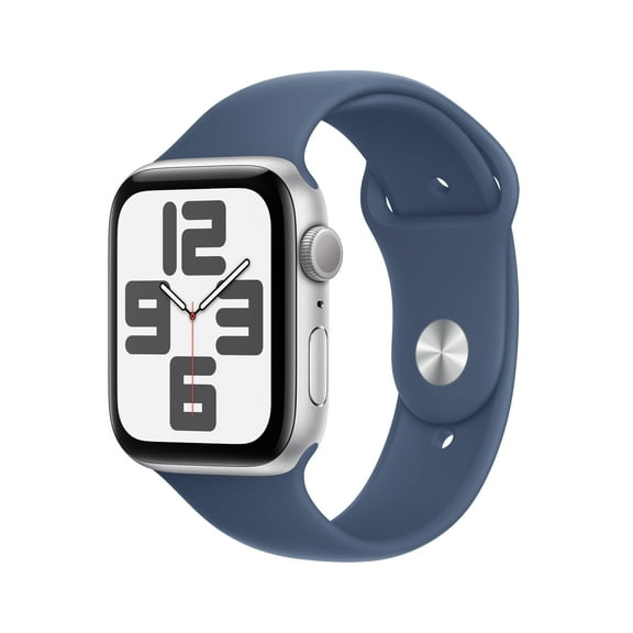 Open Box Apple Watch SE (2nd Gen) [GPS 44mm] Smartwatch with Silver Aluminum Case with Denim Sport Band - M/L