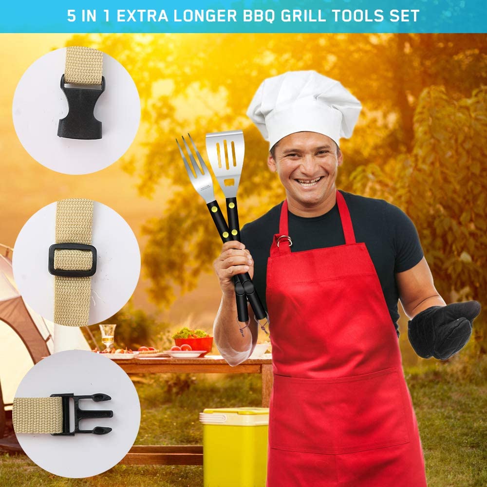 18-20 Extra Longer Stainless Steel Grill Accessories with Wooden Handles 5PCS BBQ Grill Tools Set Griddle Accessories Kit for Men Women Camping Backyard Barbecue with Fork Tong Apron Carry Case