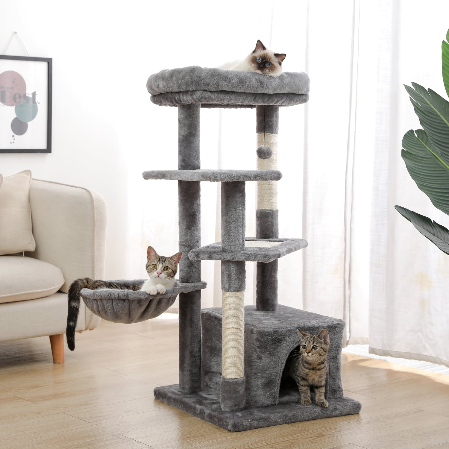Pefilos 44" Multi-Level Modern Cat Tower for Indoor Cats with Scratching Post, Cozy Condo, Top Perch, Hammock and Dangling Ball For Small to Medium Cat Tree Tower for Adult Cats, Gray Pefilos 44" Multi-Level Modern Cat Tower for Indoor Cats with Scratching Post, Cozy Condo, Top Perch, Hammock and Dangling Ball For Small to Medium Cat Tree Tower for Adult Cats, Gray