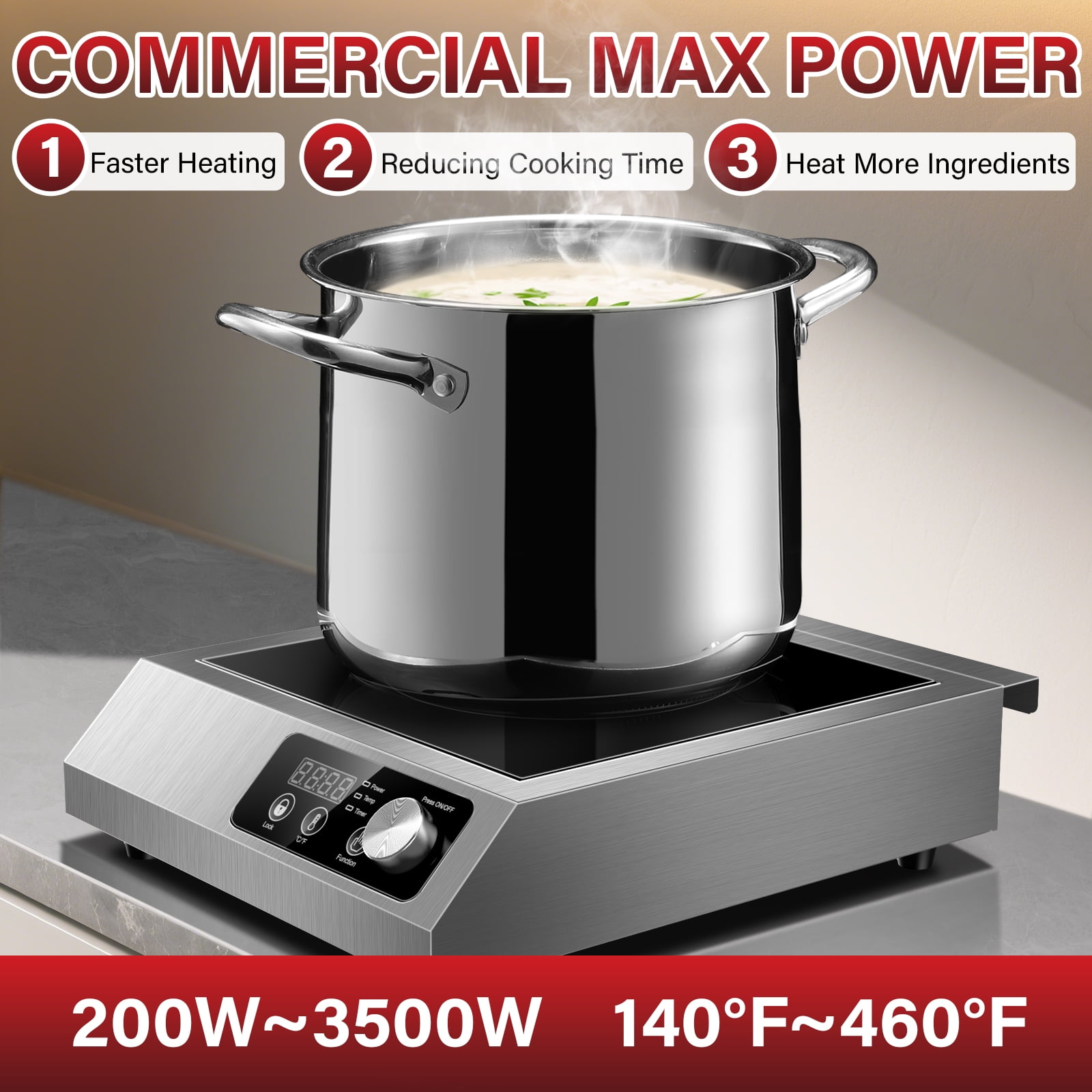 Zomagas 1800W Commercial Induction Cooktop – Portable, ETL-Certified, 10 Temp/Power Levels (140°F-460°F), Stainless Steel, Knob Control, Child Lock – For Restaurant, Home & Outdoor Use‌