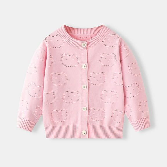 Little Girls Pink Kitty Cut-Out Cardigan 5T - Soft Knitted Easy Care Sweater for School & Outings