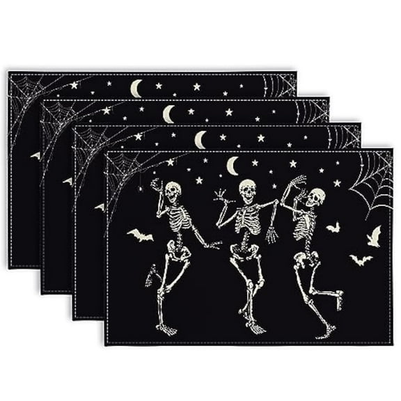 Halloween Dancing Skeletons Placemat - Table Mat Set of 4, Black & White Patterns, Non-Slip & Heat Resistant, 12 x 18 inch