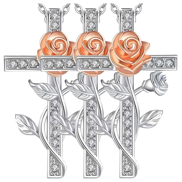 Collares de Religiosas RoseGrace02 3Pzas Plata Collar Cruz/Rosa Dije 2x3cm Metal. High Monaco MXRGC-003