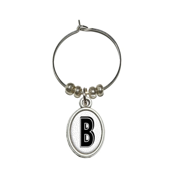 Letter B Initial Sprinkles Black White Oval Wine Glass Charm