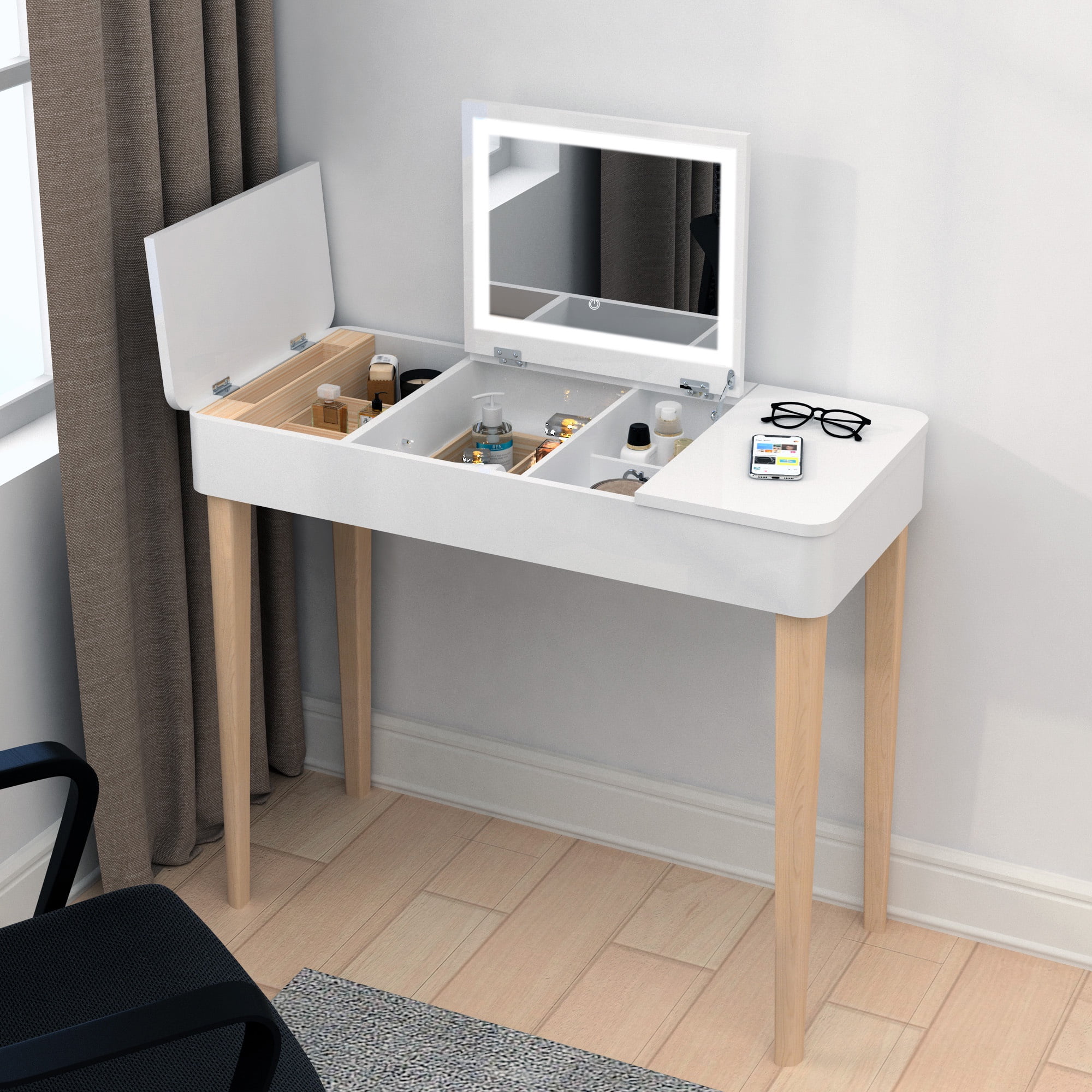 HSUNNS Small Vanity Desk with Mirror and Hidden Stool