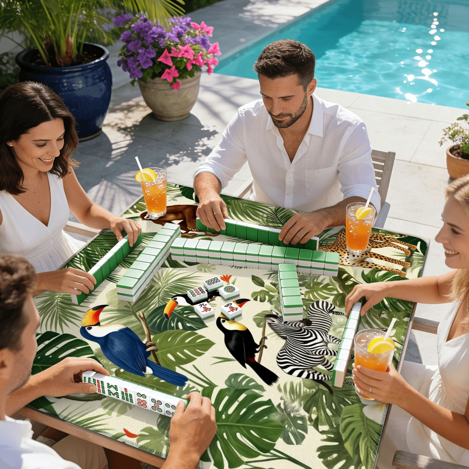 Mahjong Mat 31.5" x 31.5" Seamless exotic trees animals Non-Slip Noise Reduction American Mahjong Tiles Table Cover for Dominoes Poker Card Board Games Gift