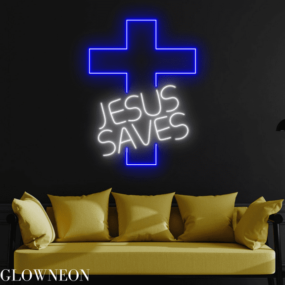 Glowneon Jesus Saves Neon Sign, Jesus Cross Led Sign, Christian Decor