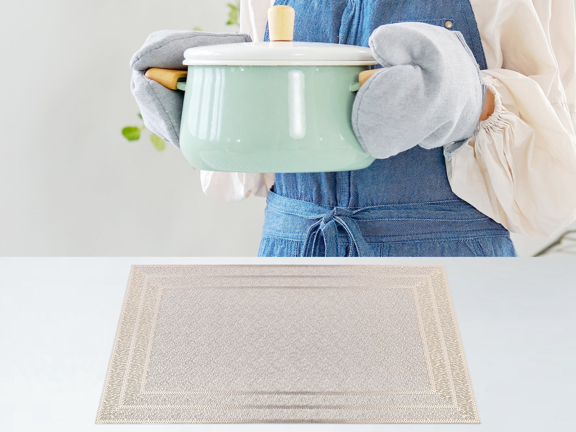Unique Bargains Washable Placemats Set of 6 Trimmed Placemats for Dining Table Gold