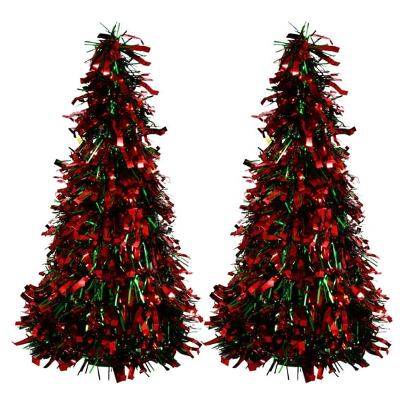 Glitter Cone Shaped Red and Green Tinsel Trees 10 in for Office Desk Home Table Top Ornaments Party Favor Christmas Holiday New Year Decoration Seasonal Material Gift Decorative Supplies - Pack of 2