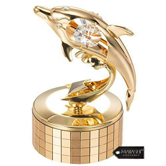 Matashi 24K Gold Plated Music Box Plays - You are My Sunshine with Crystal Studded Dolphin Figurine, Best Gift for Valentine's Day, Birthday, Mother's Day, Christmas, Anniversary