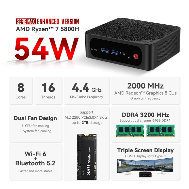 Beelink SER5 MAX Mini PC - Ryzen 7 5800H, 32GB DDR4, 1TB M.2 NVMe