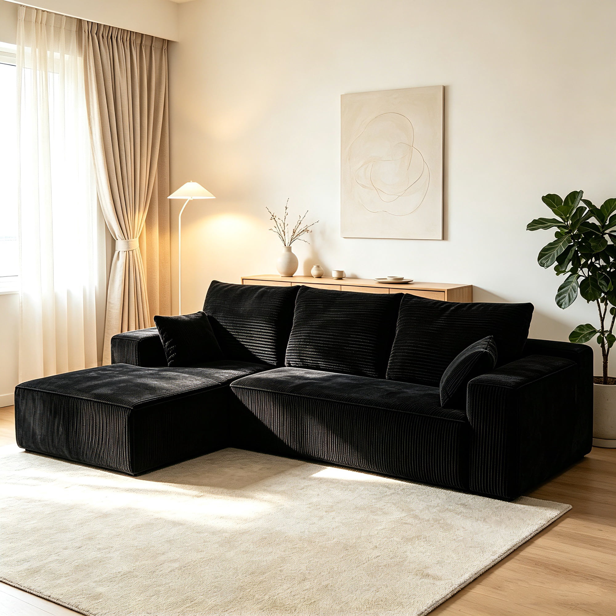 AUU Black 96 Modular Sectional Sofa with L-Shape Chaise DIY Frameless Cloud Couch with Deep Seat Corduroy Fabric Left-Facing for Living Room & Home Office