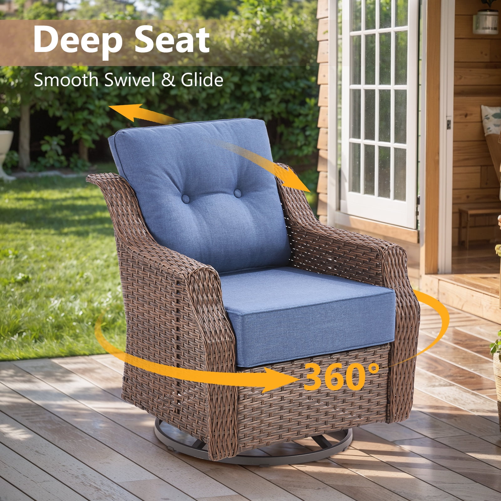 OPOHORO 5 Pieces Patio Furniture Set with 6-Inch Thick Cushions, Outdoor Swivel Patio Chairs Set of 2 with Ottoman and Side Table, Wicker Bistro Set for Porch Deck - Blue