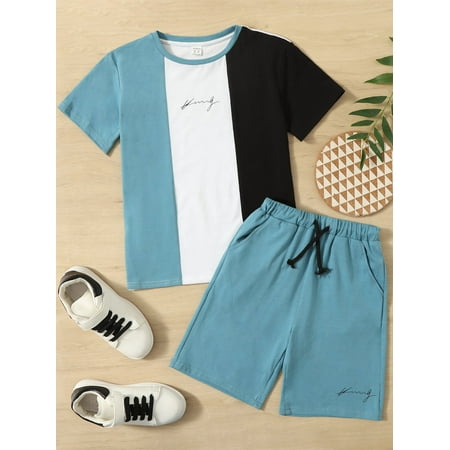 

Short Sleeve Boys Letter Graphic Colorblock Tees T Shirt Drawstring Waist Shorts S221904X Multicolor 8Y(50IN)