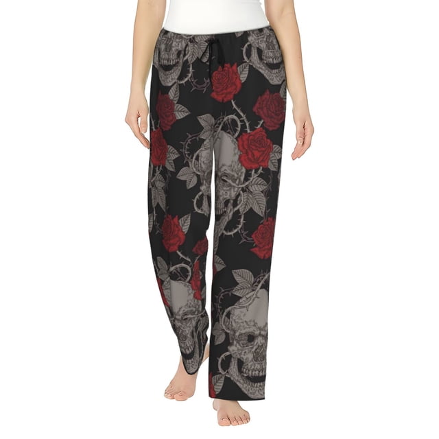 Balery Skull and Red Roses Pantalones de pijama para mujer, pijamas ultraligeros, pantalones de estar por casa-3X-Large