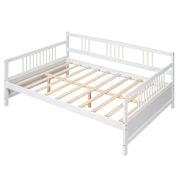 PAPROOS Full Size Wood Daybed, Solid Wood Daybed Frame with Strong Wooden Slats, Modern Furniture Sofa Bed Full Daybed, No Box Spring Needed, White