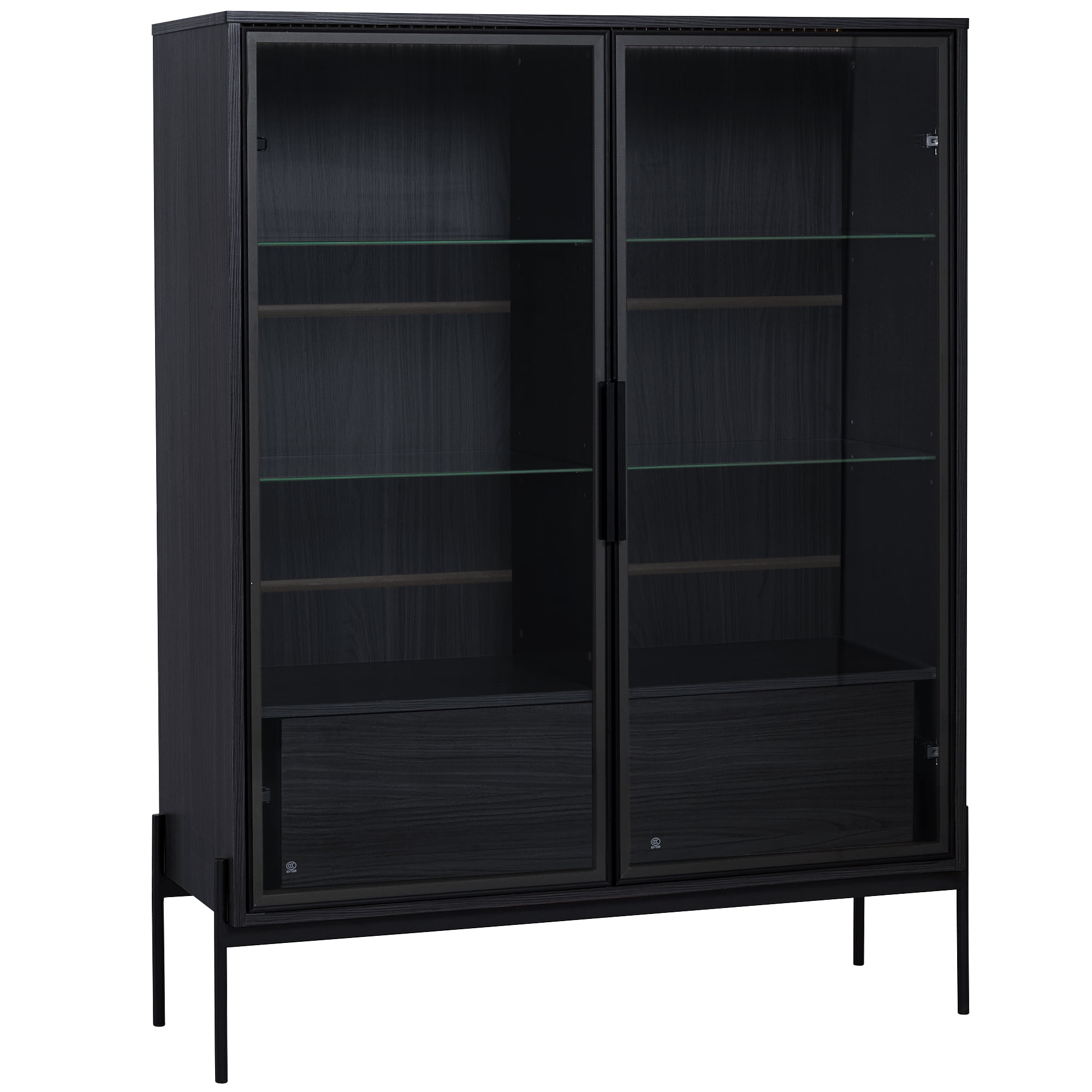 Euroco Modern LED Lighted Glass Display Cabinet with Drawers and Aluminum Frame Doors, 4 Adjustable Glass Shelves, 39.8” Wide Showcase