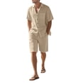 thumbnail image 2 of Men'S Linen Blend Short Sleeve Shirt & Shorts Set, Casual Summer 2 Piece Outfit Khaki M, 2 of 9
