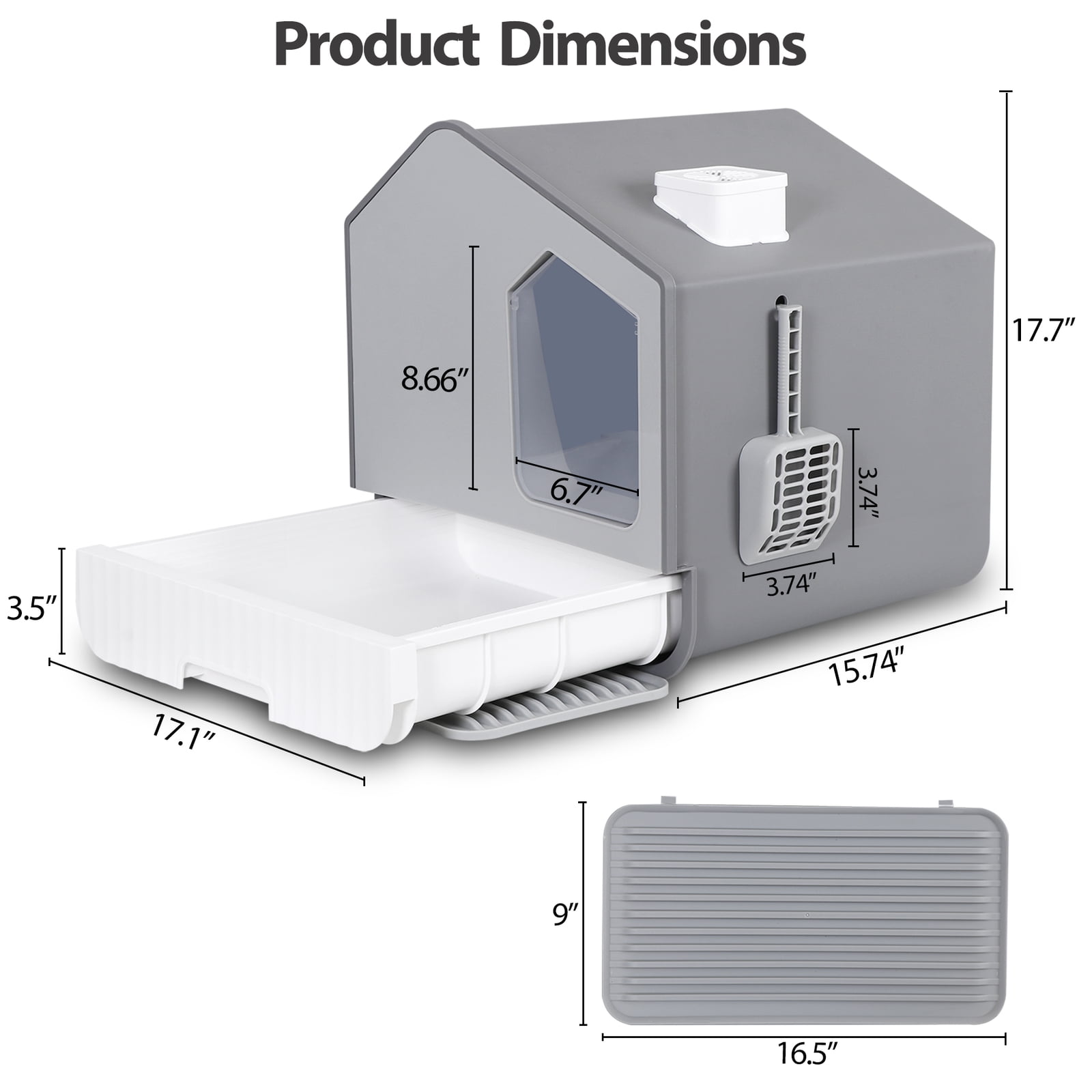 Enclosed Cat Litter Box with Litter Scoop and Slide-Out Tray Anti-Leakage Grey