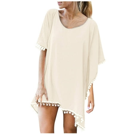 Fesfesfes Coverups for Women Trim Kaftan Chiffon Tassels Swimwear Beach Loose Bikini Cover Up