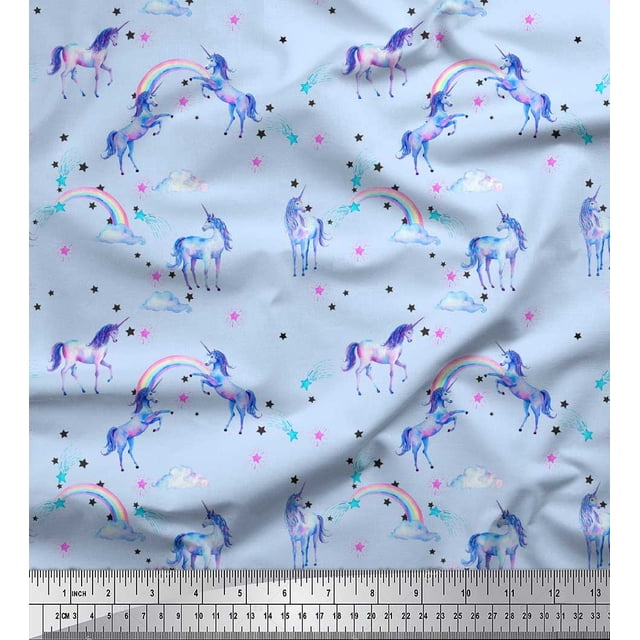 Soimoi Blue Moss Georgette Fabric Unicorn & Rainbow Nature Print Fabric by Yard 42 Inch Wide
