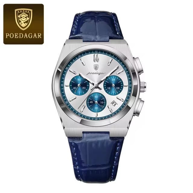 Explojoy Men's Quartz Chronograph Watch – Waterproof, Luminous Dial, Date Display, Luxury Leather Strap