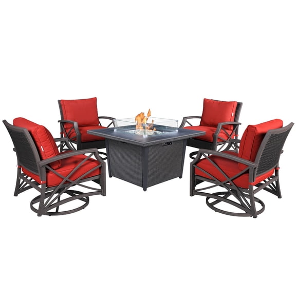 Kinger Home 5-Piece 42" Fire Pit Set - 50k BTU, Rattan Wicker, Aluminum, Grey, Red Cushions