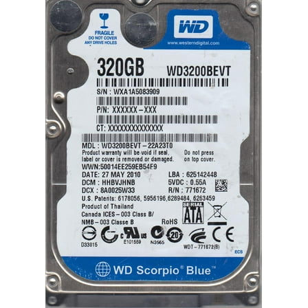 WD3200BEVT-22A23T0, DCM HHBVJHNB, Western Digital 320GB SATA 2.5 Hard Drive
