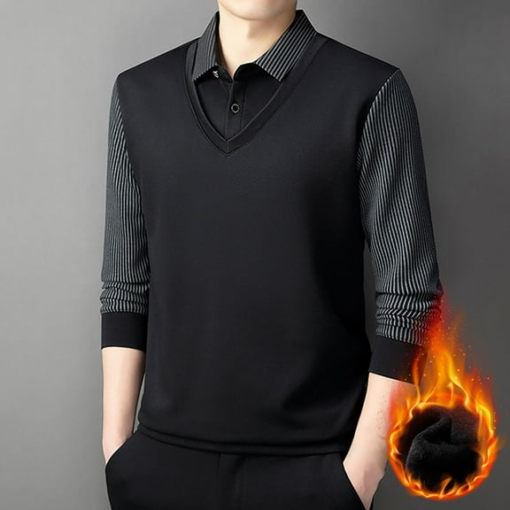 Men Collar Two Piece Thick Striped Long Sleeved T Shirt Casual Loose Business Fashionable Polyester Top