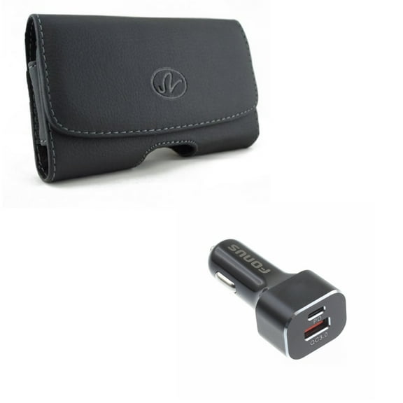 Compatible With Google Pixel 3a XL - Black Leather Phone Case w 36W 2-Port [Fast Type-C Port] USB Car Quick Charger