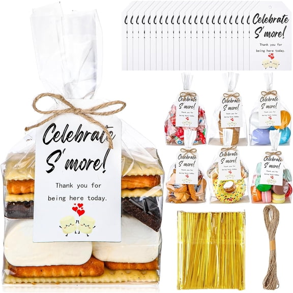 YANTONG 50 Set S'mores Kit 4 x 2 x 8 S'more Bags Flat Bottom Gusseted Cellophane Bags with Favor Tag and Twine for Wedding Baby Shower Birthday Favors Party(Classic Style)