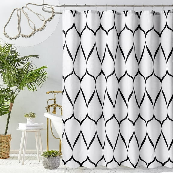 White Fabric Shower Curtain, Abstract Geometric Waffle Weave Weighted Cloth Shower Curtain Set with 12 Metal Hooks, Modern Elegant Art Heavy Duty Polyester Shower Curtain for Bathroom - W72 x H72