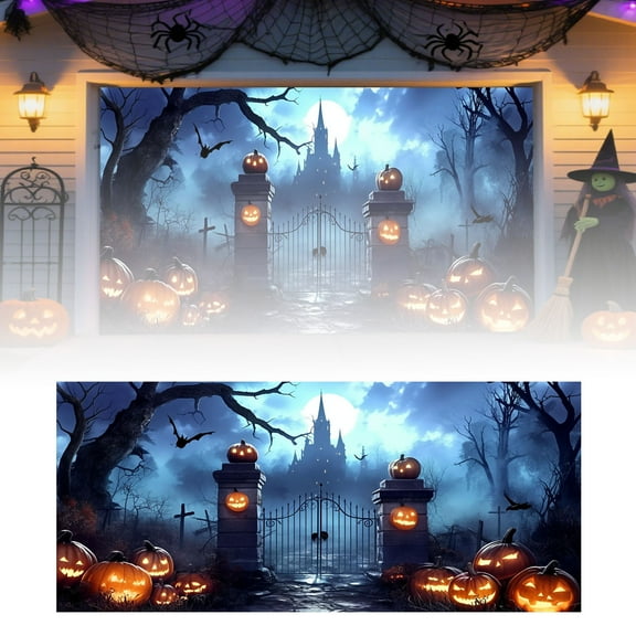 Spooky Halloween Garage Door Banner 7x16 FT - Glow in Dark Bat Pumpkin Design, Weather Resistant Polyester Outdoor Decor for Yard, Party Photo Background