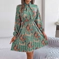 thumbnail image 2 of WTOBBY Women's Casual Elegant Flower Print Long Sleeve Tie Waist Pleated Skirt Dress Adjustable Belt for Custom Fit Chiffon-Like Fabric for Graceful Drape Perfect Garden Party ,Green S, 2 of 6