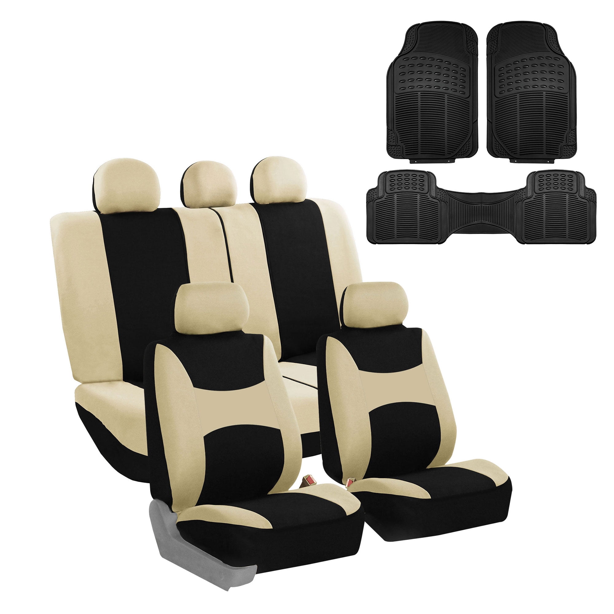 FH Group Car Seat Covers Flat Cloth, Full Set w/ Trimmable Vinyl Floor Mats