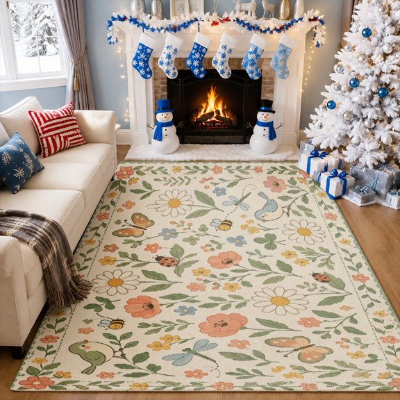 Gelasgo Vintage Floral Velvet Area Rug, Botanical Garden Decorative Carpet, Soft Indoor Floor Mat for Bedroom Living Room Dining Room Entryway Home Decor