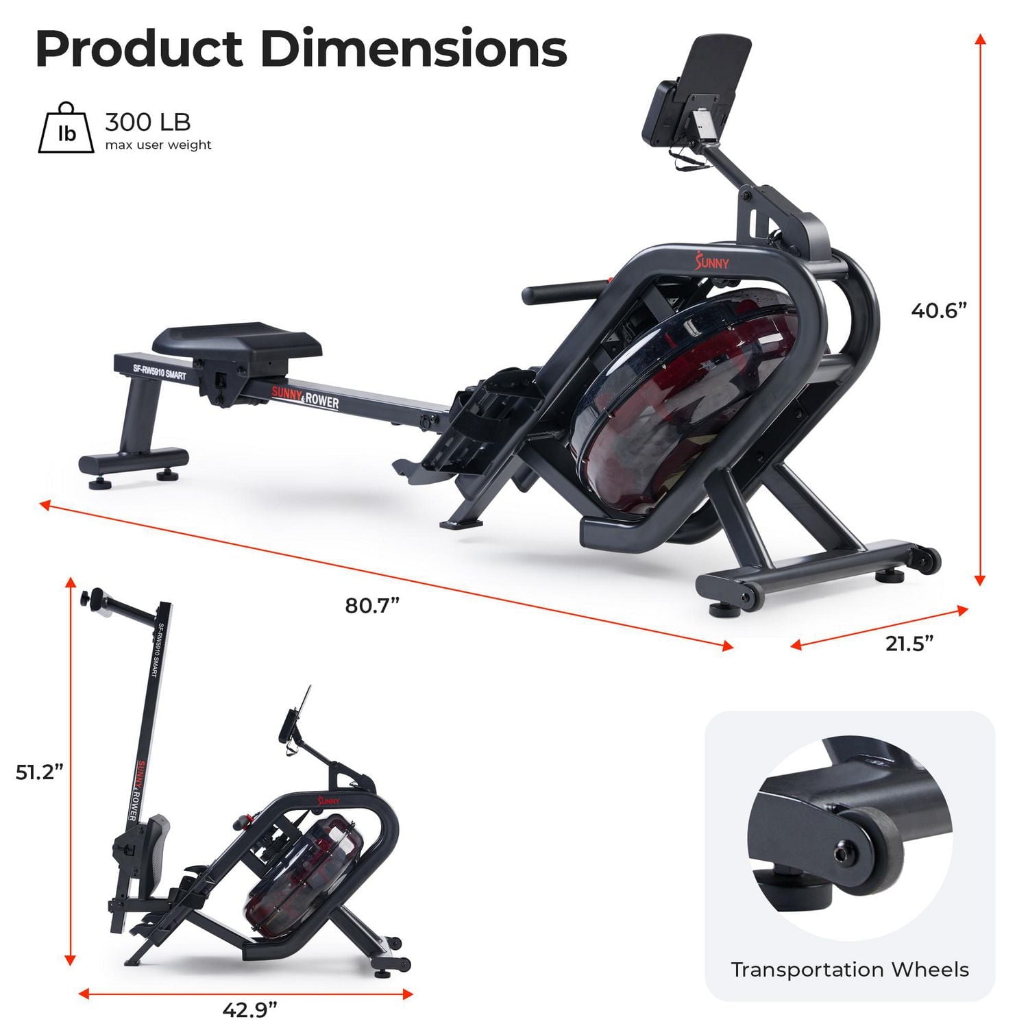 Sunny Health & Fitness Phantom Hydro Smart Water Rowing Machine with Dynamic Real-Time Resistance, Foldable 300 LB Capacity Rower with Bluetooth Connectivity and Extra Long Slide- SF-RW5910SMART