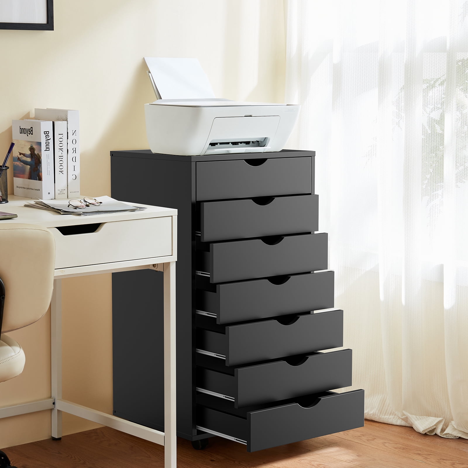 JOINSUN 7-Drawer Dresser, Wood Storage File Cabinet with Wheels and Drawer Organizer for Bedroom Closet, Black